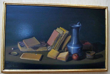 Libri e Mela, 2007. Olio su tela