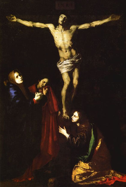 El Calvario,1616-17,Museo de Arte Sacro de Osuna,Sevilla.Antigua Colegiata. Demuestra la amplitud de la mirada artística y la riqueza de formación de Ribera, quien utilizó para el manto de la Virgen azulado un costoso pigmento de ultramar.