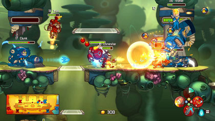 Wirkt nur auf den ersten Blick chaotisch: Die weitläufigen Horizontal-Welten aus "Awesomenauts". Wer sich erstmal in den weitläufigen Levels zurechtgefunden hat, der weiß ihre Größe zu schätzen – immerhin kann er sich hier so richtig schön austoben.