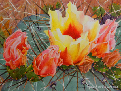 #pricklypear#floweringcactus#yellow#orange#gloriamoutartist#watercolour#watercolor#original#painting#arizona