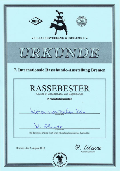 Kabous Urkunde als Rassebester von der Internationalen Rassehunde-Ausstellung in Bremen 2015