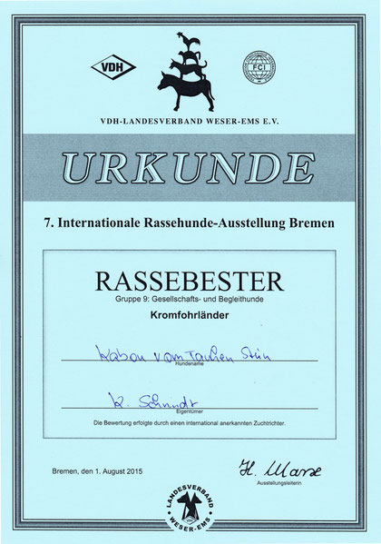 Kabous Urkunde als Rassebester von der Internationalen Rassehunde-Ausstellung in Bremen 2015