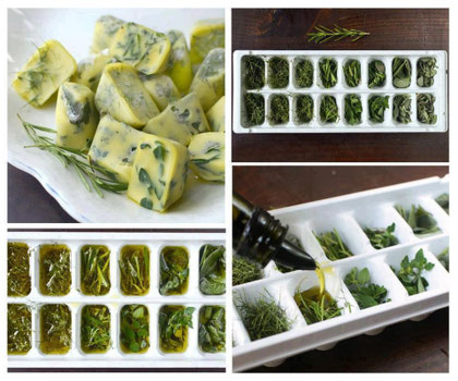 Hiervas frescas en aceite de oliva y al refrigerador.