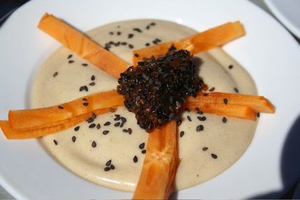 Coconut Cream with Persimmons and Black Sesame Seed Dried Apricot Topping