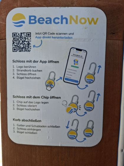 Anleitungstafel zur Nutzung der Beach Now App und Strandkorb-Chips in Eckernförde: Schritt-für-Schritt-Erklärung zum Öffnen und Abschließen der Strandkörbe per Smartphone oder Chip.“