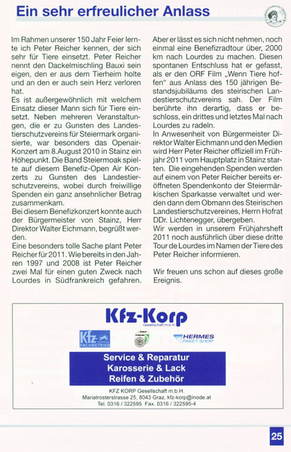 Auszug aus der Broschüre des Steirischen Tierschutz-Vereins - Seite 25 notiert von Herrn Hofrat Dr.Dr. Fritz Lichtenegger - Obmann des Steirischen Landestierschutz-Vereins