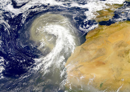 The Azores Is. are visible at the northwest edge of the dust plume in this SeaWiFS image. The Cape Verde Islands, is located in the Atlantic Ocean, approximately 570 kilometres off th can be seen through the dust near the bottom of the image. ©NASA GSFC.