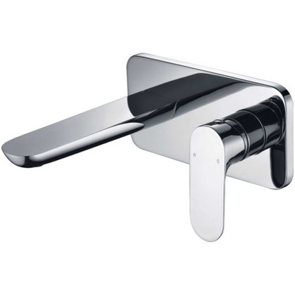 This is a sleek, modern wall-mounted faucet with a polished chrome finish, featuring a single-lever design for controlling hot and cold water.