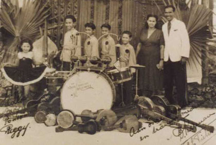 The Tielman Family  in Surabaya, Indonesia 1947 l/r: Jane, Reggy, Ponthon, Andy, Loulou, Mother Flora Lorine Hess, Father Herman Tielman