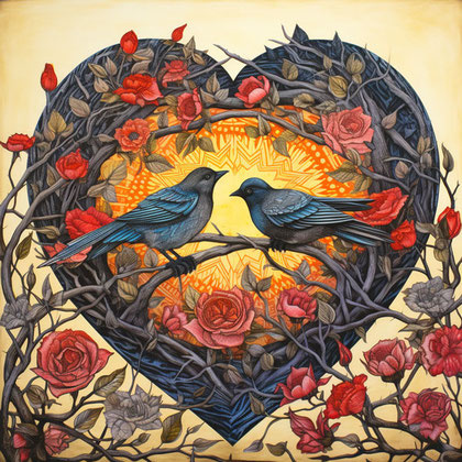 Zwei dunkle Vögel mit Rosen und blühenden Bäumen, die in einem herzförmigen Rahmen aus geflochtenen Ästen und Rosen stehen, im Stil der metaphysischen Malerei, dunkelorange und helles Indigo, Erdkern, Yup'ik-Kunst, verworrene Nester, goldenes Licht