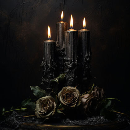 Gotische schwarze kerzen und rosen auf dem Tisch, isoliert auf Schwarz, im Stil von dunklem Gold und Grau, Softbox-Beleuchtung, fotorealistische Pastiche, dark academia, Witchy Academia