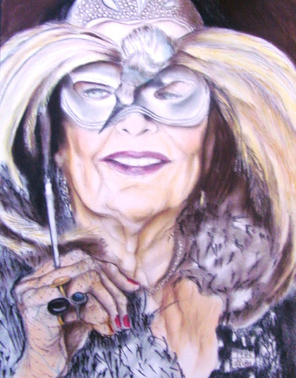 Dame mit Vogelmaske, Pastellkreide auf Papier, 50 x 70 cm