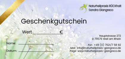 Gutscheine für die Praxis RÜCKhalt in Weil am Rhein - Heilpraktiker Sandra Giangreco sind für Psychologisches Coaching/Beratung sowie für jede Therapie erhältlich. Sie können ihn herunterladen oder Sie holen ihn einfach in der Praxis in Weil am Rhein ab