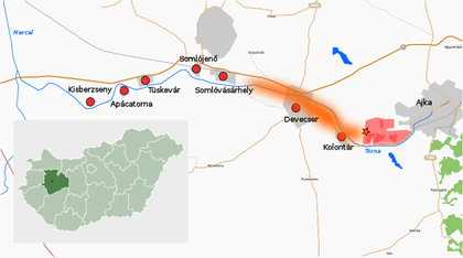 Karte von der Rotschlammkatastrophe inUngarn