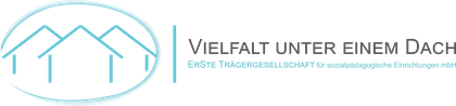 Logo: Drei türkisfarbene Häuser in Strichdarstellung umkreist, daneben der Slogan "Vielfalt unter einem Dach" und darunter der Firmenname ErSte Trägergesellschaft für pädagogische Einrichtungen mbH.