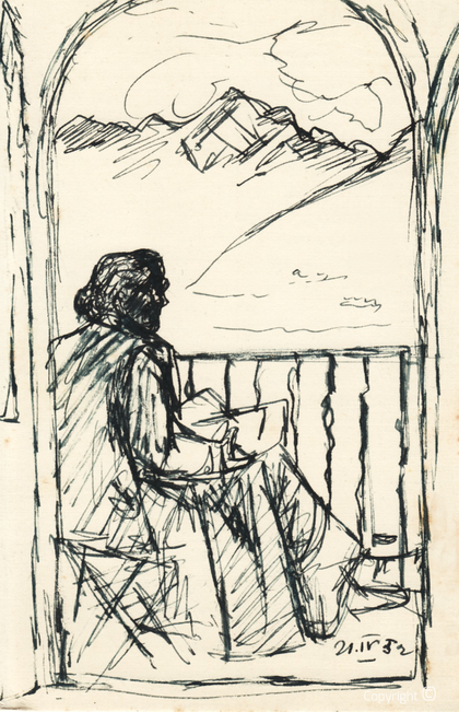 Erwin Bowien (1899-1972): Sketch of Erna Heinen-Steinhoff on a balcony in Orselina near Locarno on the occasion of the annual stay of the artists' colony at the Black House in Ticino in 1952