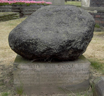 "The War Stone - This felsite boulder was deposited near here by a glacier during the Ice Age; being at one time used as a parish boundary mark, it was known as the Hoar Stone of which the modern War stone is a corruption."