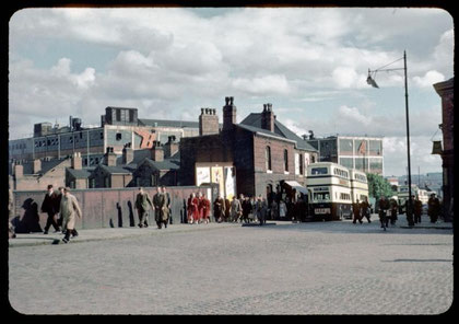 Golden Hillock Road 1953 photo by Phyllis Nicklin - See Acknowledgements, Keith Berry. Of the two buildings in the centre, Small Heath Station is on the left, a pub on the right; the BSA factory is in the background. Thanks to Rod Liddiard for information