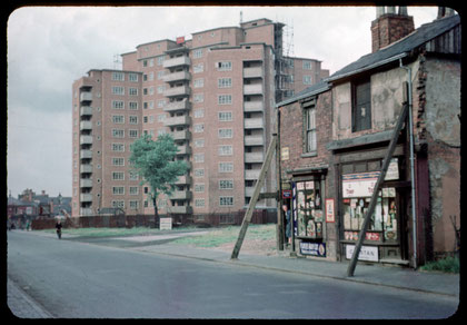 Photograph taken from Hyde Park Corner by Phyllis Nicklin in 1953 of the new flats, Bloomsbury Street. Copyright MLA West Midlands and the University of Birmingham - available to download and redistribute for non-commercial purposes. See Acknowledgements.