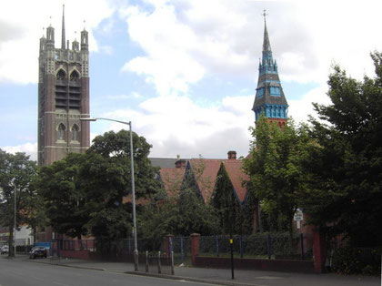 Ladypool School, viewed from the Stratford Road; tower of St Agatha's Church.