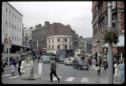 Photograph of High Street, Bull Street and Dale End corner taken in 1960 by Phyllis Nicklin roughly from the former site of the Welsh Cross.
