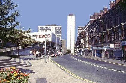 Dale End looking out of the City Centre. This was the Welsh End of the town. Photograph, 'All Rights Reserved', taken by Andrew Miller, dartsmaster, in August 1983, Image used with his kind permission from flickr. See Acknowledgements.