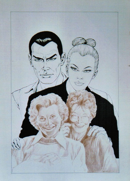 Diabolik ed Eva insieme alle loro due mamme, in un disegno di Facciolo