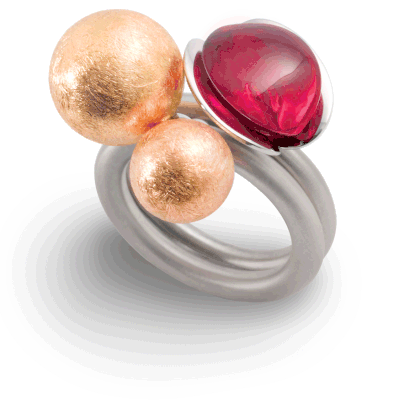 Ringkombination aus Kugel 10 mm, 18kt. Rotgold & Kugel 8 mm,  18kt. Rotgold & Tulip Rubin Rot
