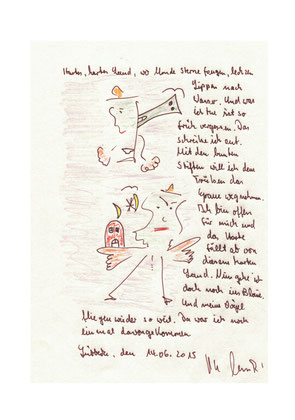 "Hartes, hartes Land“ mit Text. Originalgrafik, Tusche, Farbstifte und Text auf Papier. B 21,0 cm * H 29,7 cm. Lübbecke, den 14.06.2015. Werkverzeichnis 4207.