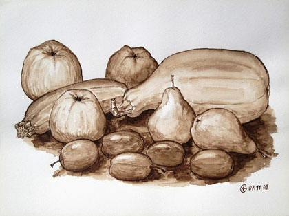 01 Obst und Gemüse - Moorlauge auf Aquarellpapier, 24x32cm (11.2009) - nach eigener Zeichnung