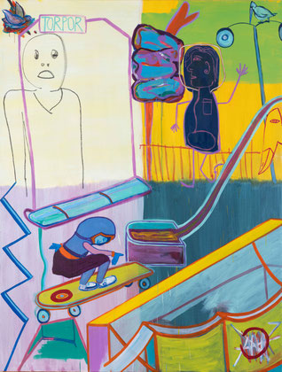 >torpor<, 2021, 190,5 x 145 cm, oil, sticks/canvas