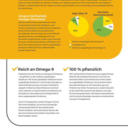 Rückseite des Oliora-Flyers mit vertiefenden Informationen zu High-Oleic-Öl, Omega-9 und professionellem Frittieren