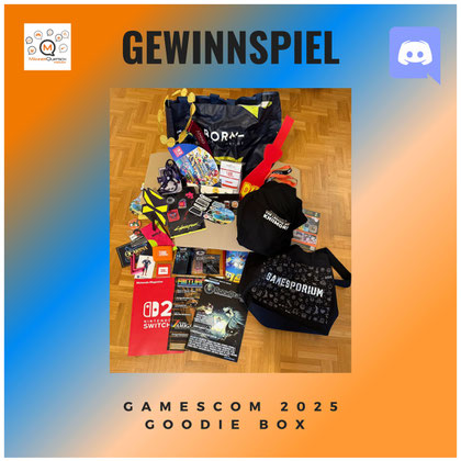 Das Bild zeigt die Preise des Gamescom 2025 Goodie Box Gewinnspiels auf Discord.