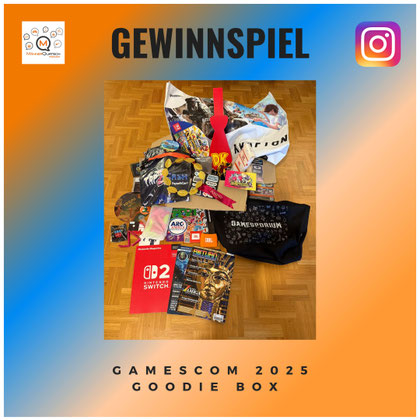 Das Bild zeigt die Preise des Gamescom 2025 Goodie Box Gewinnspiels auf Instagram.