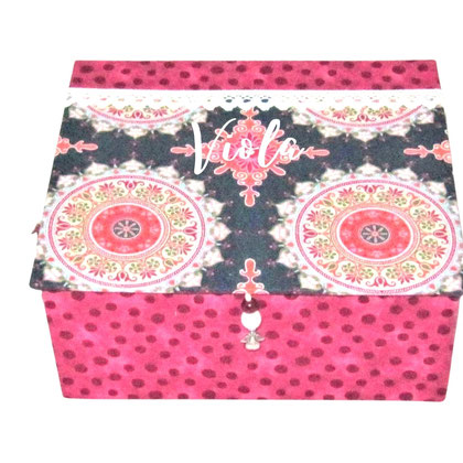 Kinder-Schmuckkästchen S blau weiß bunte Mandalas und pinke Tupfen OHNE Band, personalisierbar