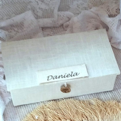Leinen wollweiß, Luxus kleines handgemachtes Schmuckkästchen, Extra: Name