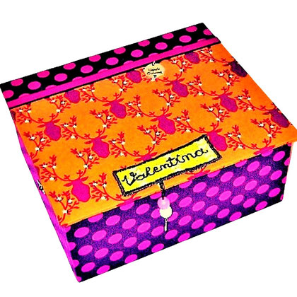 Kinder-Schmuckschatulle S Hirschköpfchen auf Orange mit lila, pinken Punkten, OHNE Lederband,  personalisierbar