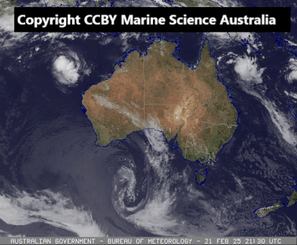 Satellite animation showing severe tropical cyclone Alfred developing in the Coral Sea and severe tropical cyclone Bianca off the Western Australia coast. Copyright Marine Science Australia CCBY. Images from www.bom.gov.au.