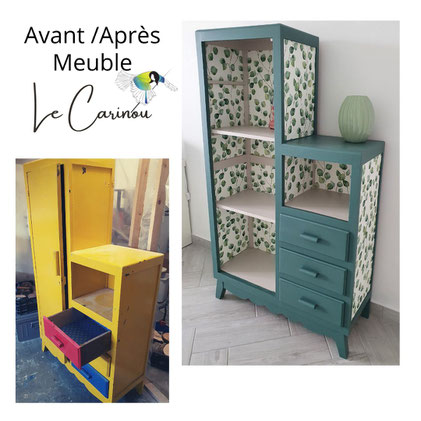 meuble de rangement, avec presque rien, relooking meuble, sciez, chablais, recyclage, vert argile, eucalyptus,tapisserie