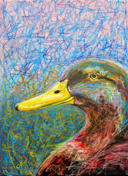 "The duck behind my neigbors's house", acrylic on canvas with watercolor pastels, 30x40 cm, 2026