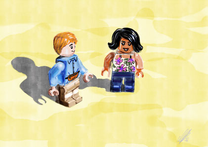 Lego figures on the tablecloth, digital art, procreate, stil: watercolor, pencil, pastell, 2026