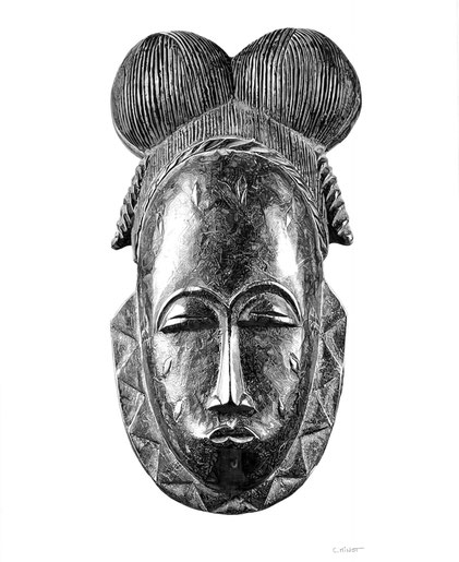Collection Afrique Terre Rouge Masque traditionnel africain Baoulé Côte d'Ivoire dessin crayon noir et blanc réaliste artiste Atelier Capucine Minot
