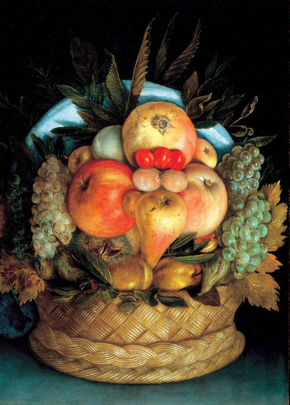 Tête réversible avec panier de fruits, Giuseppe Arcimboldo, peinture à l'huile sur bois, 56×42cm, 1590.