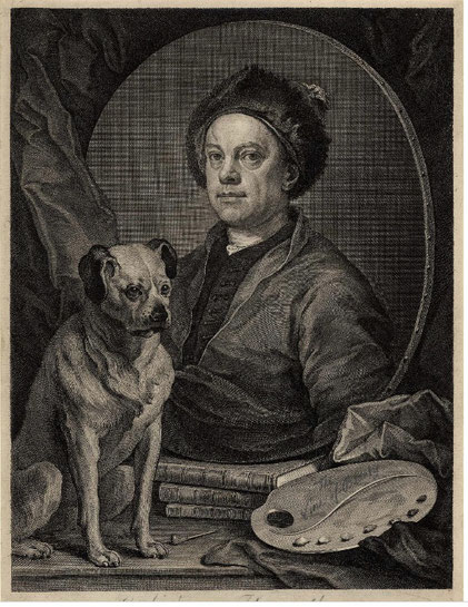 Autoportrait de William Hogarth avec son chien, gravure, 37x27 cm,  1749, British Museum, Londres.