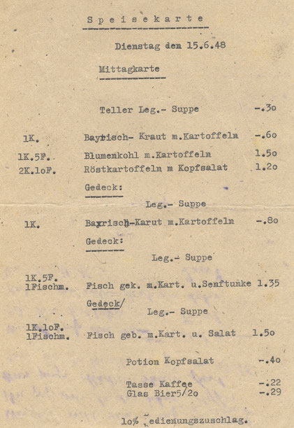 Die Speisekarte 1948