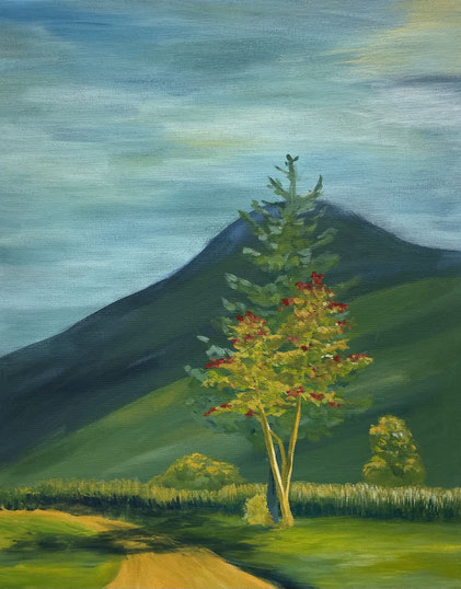 Acrylbild Schwarzsee im Herbst auf Leinwand in blau grün mit Baum