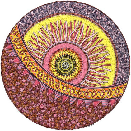 Mandala Februar Farbstifte rot gelb Zentangle