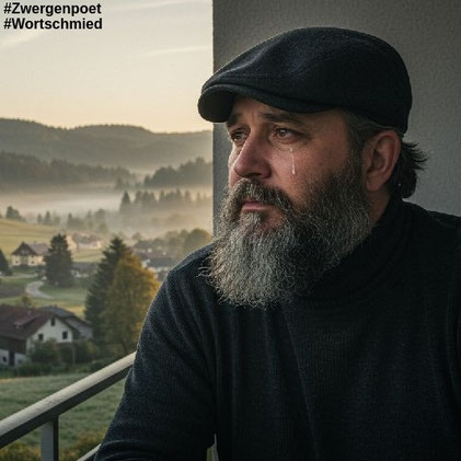 Ein Mann Ende 40 mit langem schwarzgrauem Bart und dunkelgrauer Schiebermütze sitzt auf dem Balkon einer Wohnung und blickt nachdenklich über sanft bewaldete Hügel. Im Tal ein kleines Dorf mit einer alten Kirche in der Mitte. Erstellt mit Craiyon.