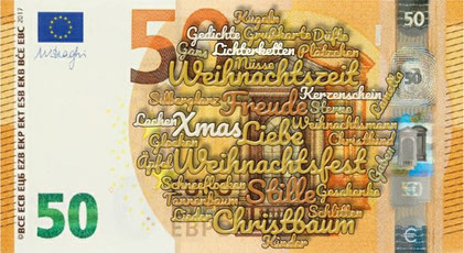 Euro mit einer Wortwolke zur Weihnachtszeit.