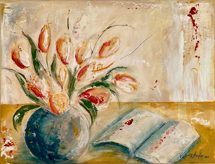 "Aufblühen mit Bildung", Acryl- Mischtechnik auf Leinwand, 60  x 80 cm, 2022